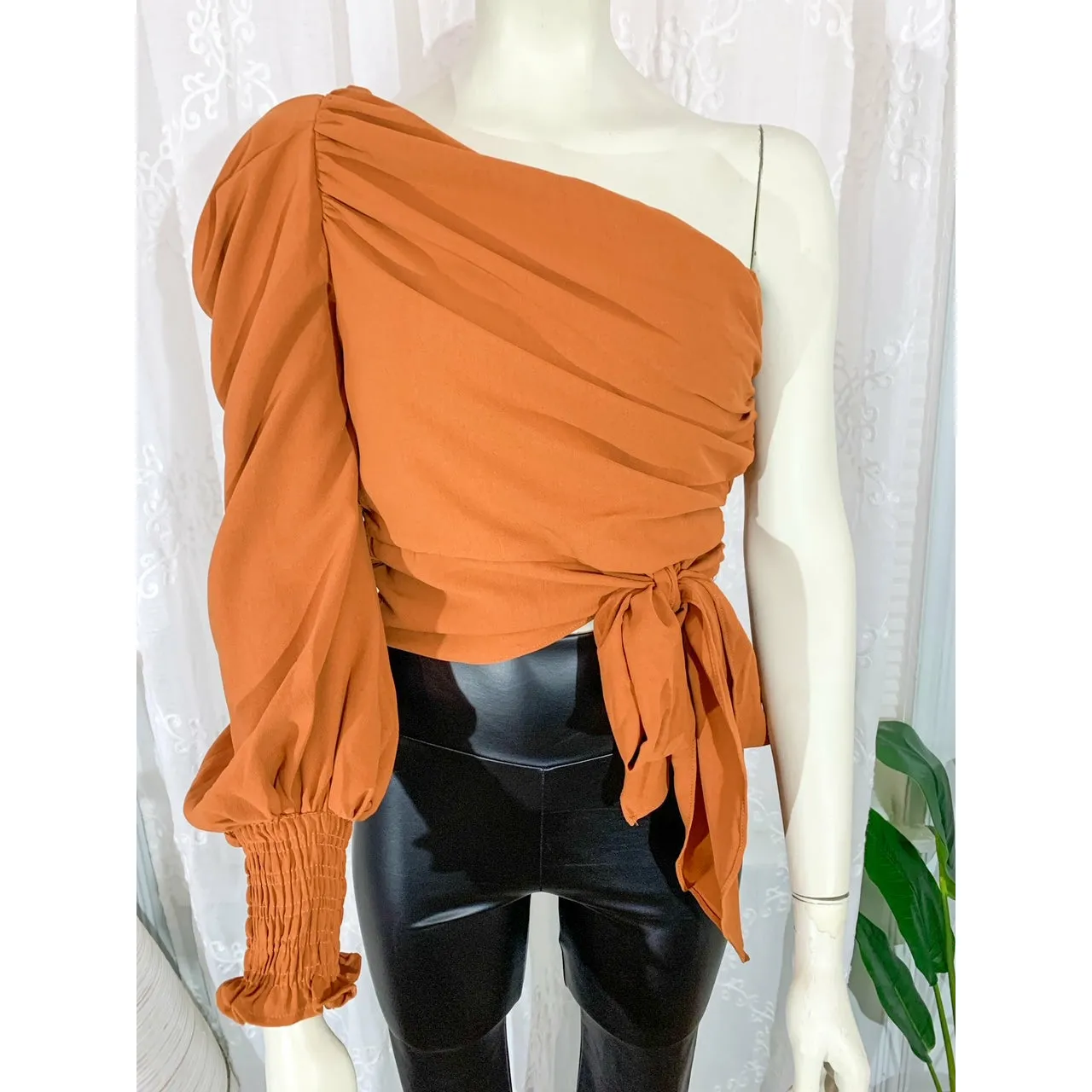 Too Fancy One Shoulder Blouse with Front Tie- Camel