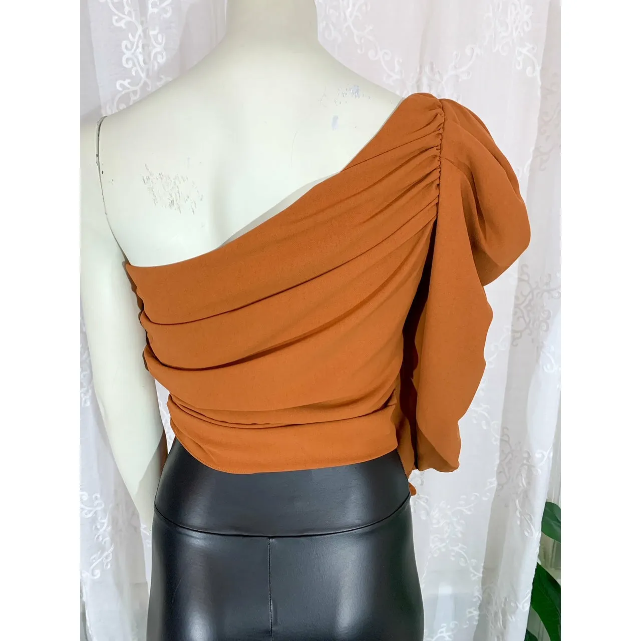 Too Fancy One Shoulder Blouse with Front Tie- Camel