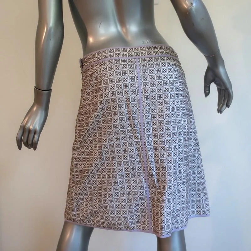Tory Burch Box Pleat Skirt White/Brown Embroidered Cotton Size 4