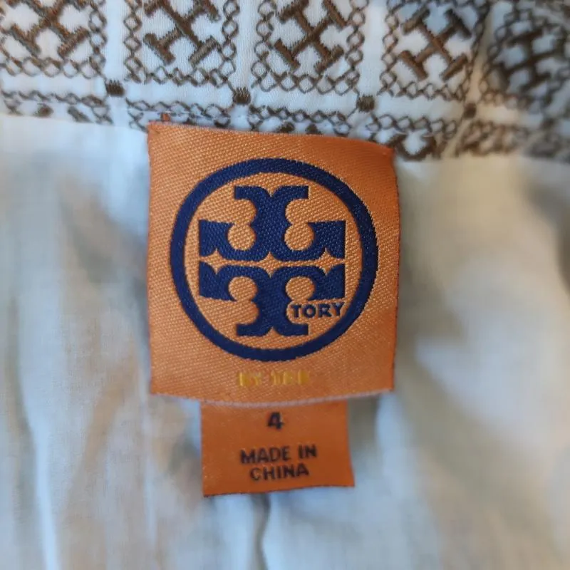 Tory Burch Box Pleat Skirt White/Brown Embroidered Cotton Size 4