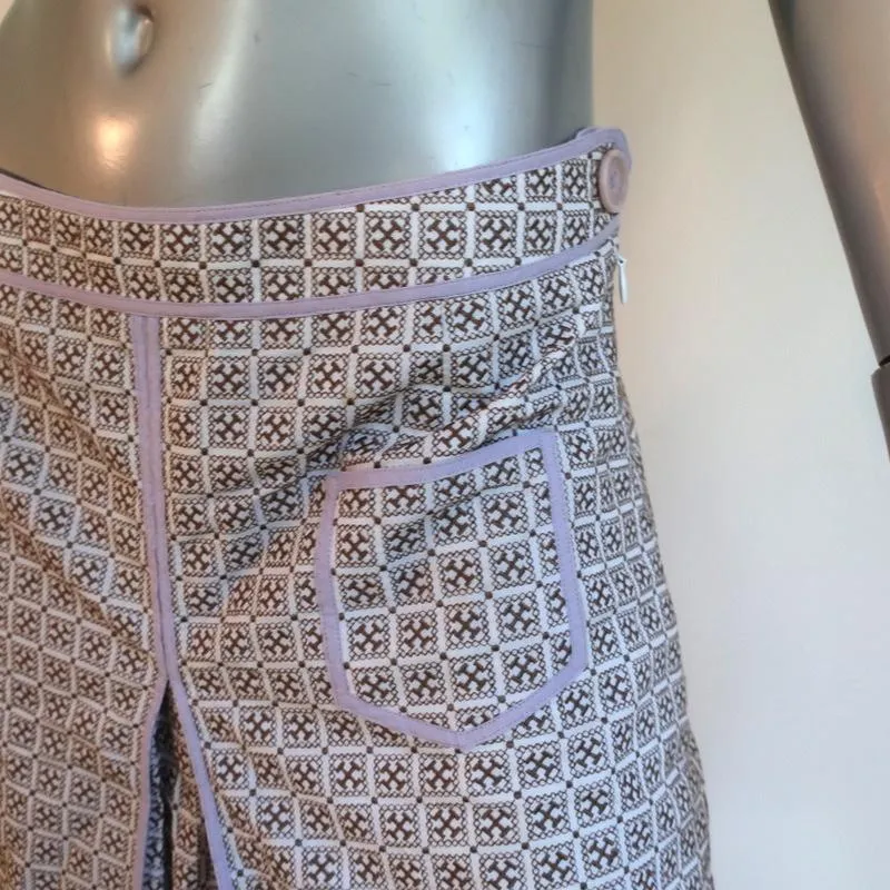 Tory Burch Box Pleat Skirt White/Brown Embroidered Cotton Size 4