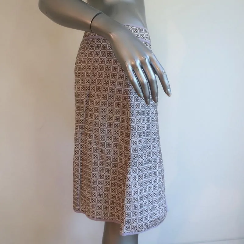 Tory Burch Box Pleat Skirt White/Brown Embroidered Cotton Size 4