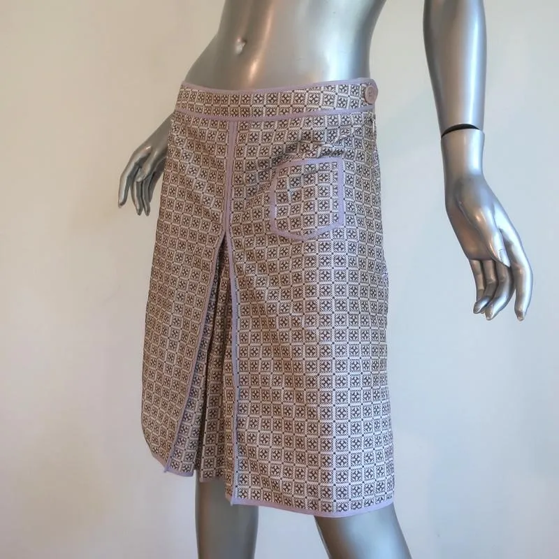 Tory Burch Box Pleat Skirt White/Brown Embroidered Cotton Size 4