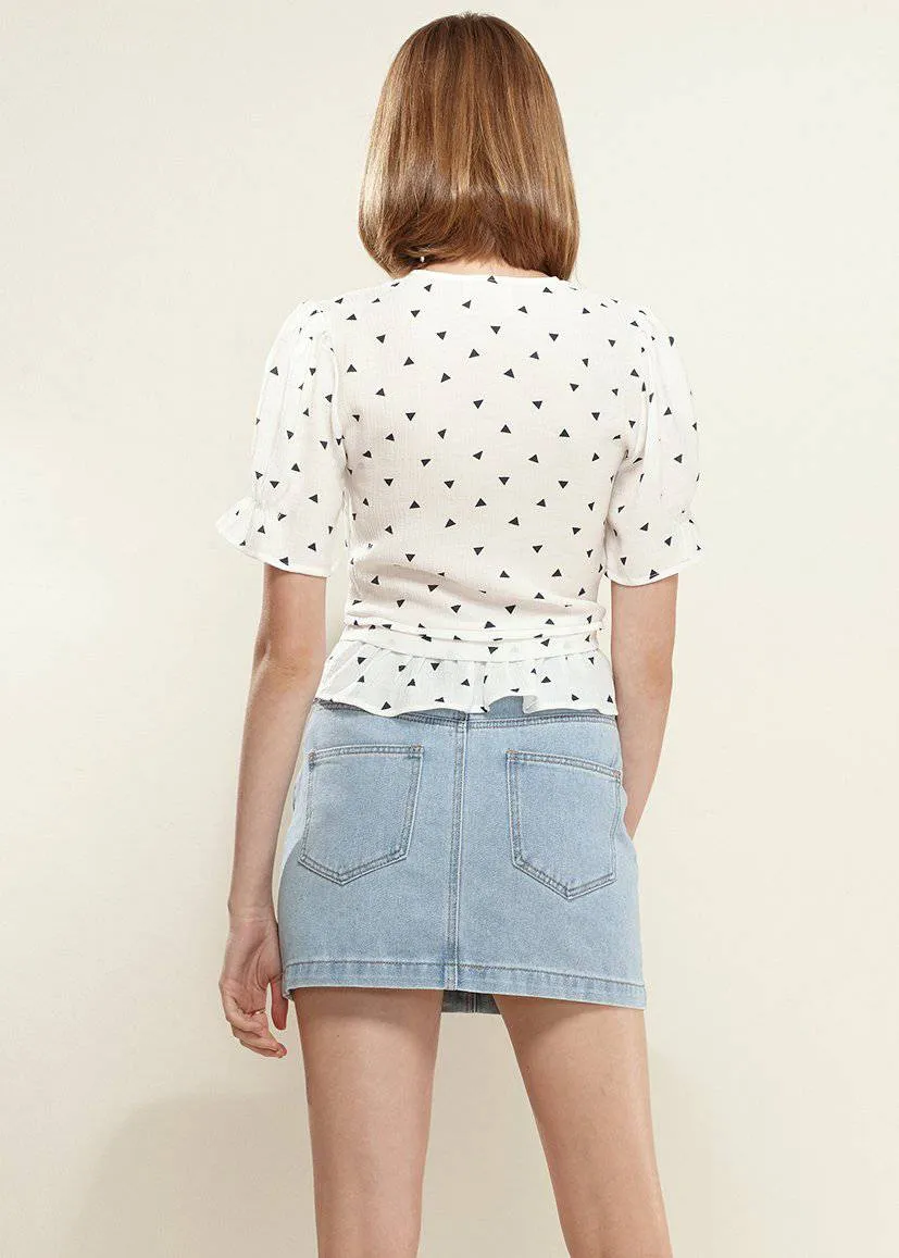 Triangle Print Puff Sleeve Blouse in White triangle by Shop at Konus