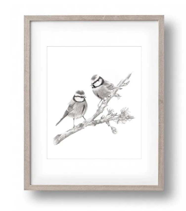 Two Birds on Branch Pencil Drawing Print