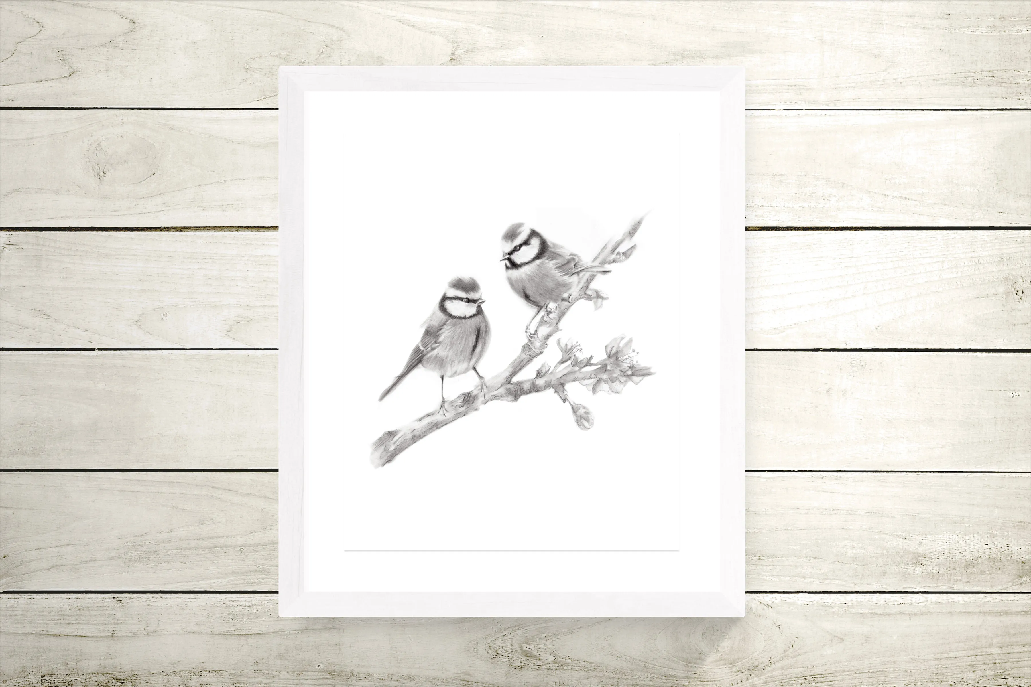 Two Birds on Branch Pencil Drawing Print