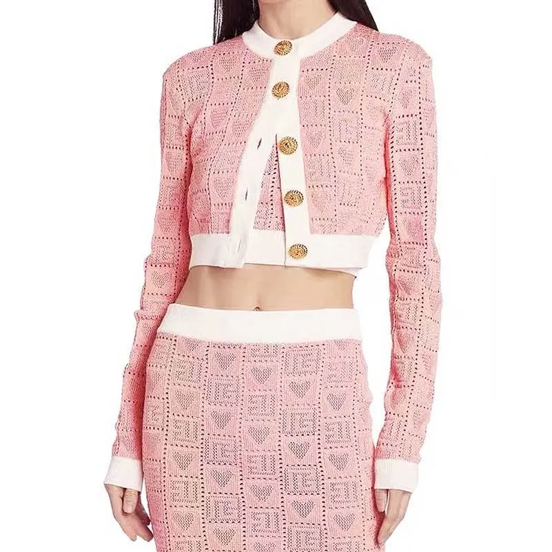 Two-Tone Knit Crop Top   Mini Skirt Suit With Cardigan Jacket 3 Pieces Set