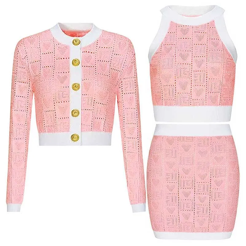 Two-Tone Knit Crop Top   Mini Skirt Suit With Cardigan Jacket 3 Pieces Set
