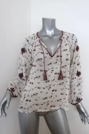 Ulla Johnson Blouse Lida White Embroidered Floral Print Silk Size 0 Peasant Top