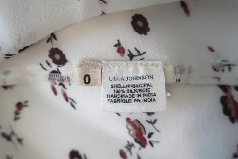 Ulla Johnson Blouse Lida White Embroidered Floral Print Silk Size 0 Peasant Top