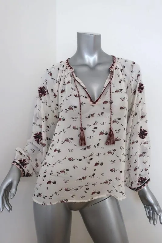 Ulla Johnson Blouse Lida White Embroidered Floral Print Silk Size 0 Peasant Top