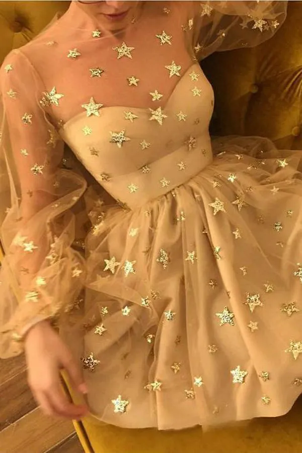 Unique Long Sleeve Short Sheer Neck Stars Mini Homecoming Dress, MH428