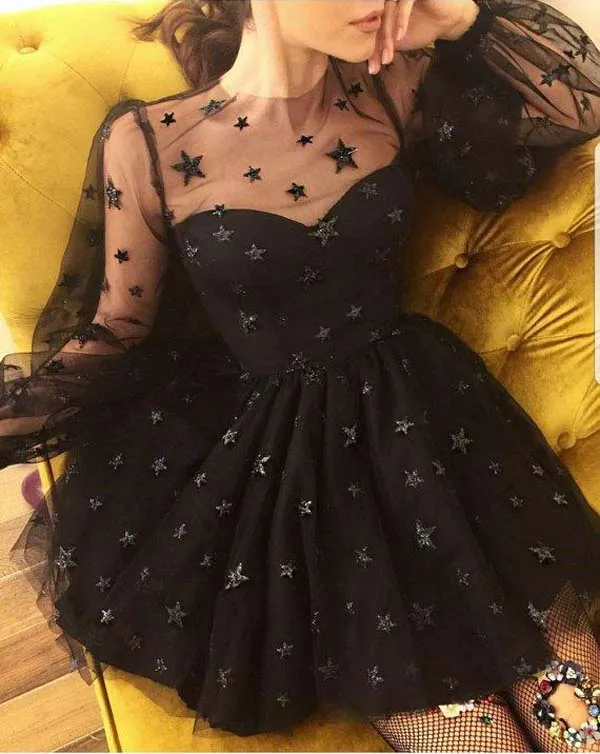 Unique Long Sleeve Short Sheer Neck Stars Mini Homecoming Dress, MH428