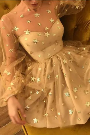 Unique Long Sleeve Short Sheer Neck Stars Mini Homecoming Dress, MH428