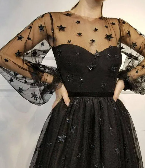Unique Long Sleeve Short Sheer Neck Stars Mini Homecoming Dress, MH428