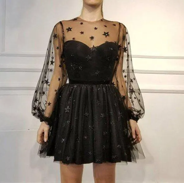 Unique Long Sleeve Short Sheer Neck Stars Mini Homecoming Dress, MH428