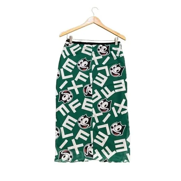 Universal Studios Straight Skirt Women's L Green Felix The Cat Graphic Midi New