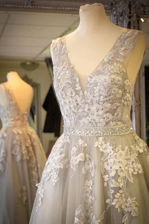 V-neck Lace Appliques A-line Long Light Grey Prom Dress With Crystals,MP514