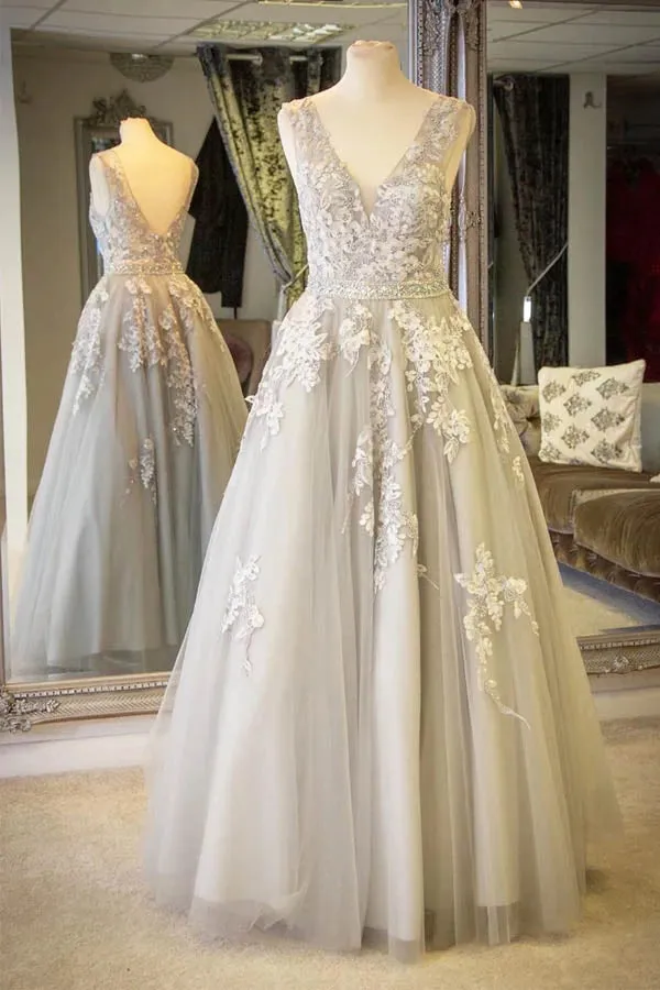 V-neck Lace Appliques A-line Long Light Grey Prom Dress With Crystals,MP514