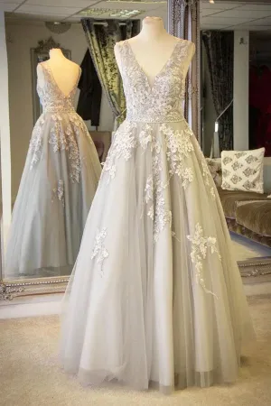 V-neck Lace Appliques A-line Long Light Grey Prom Dress With Crystals,MP514