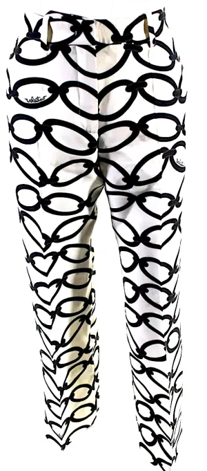 Valentino Garavani Italy White, Black Chain Logo Print Mid Rise Pleated Pants