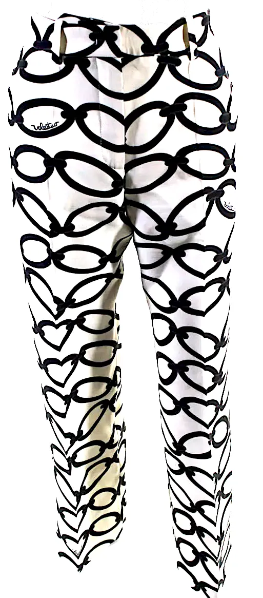 Valentino Garavani Italy White, Black Chain Logo Print Mid Rise Pleated Pants