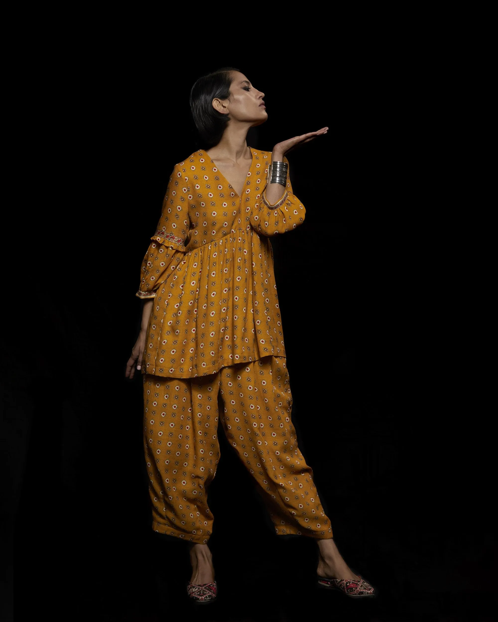 Viam   I   Mustard Ikat Hand Printed Top