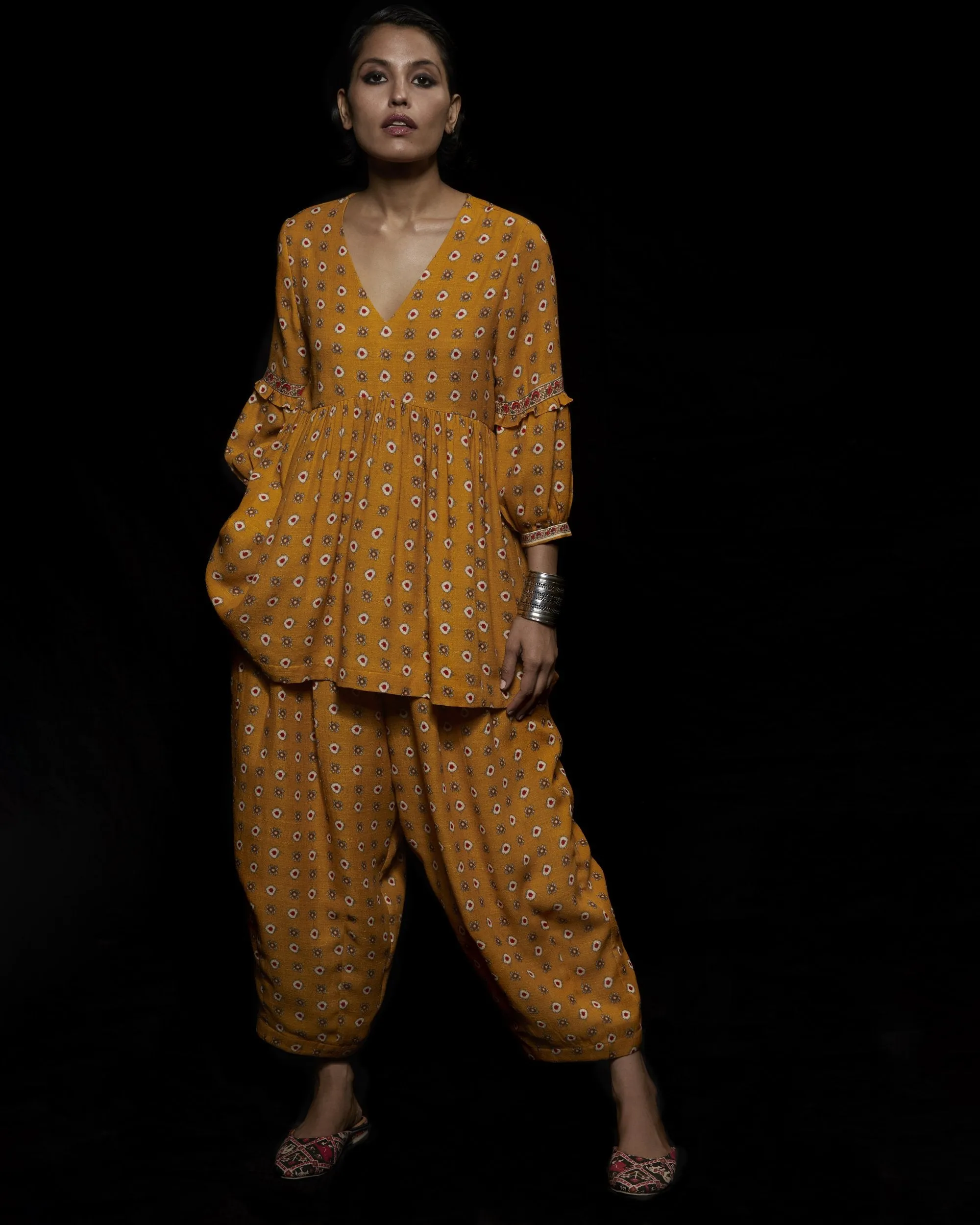 Viam   I   Mustard Ikat Hand Printed Top