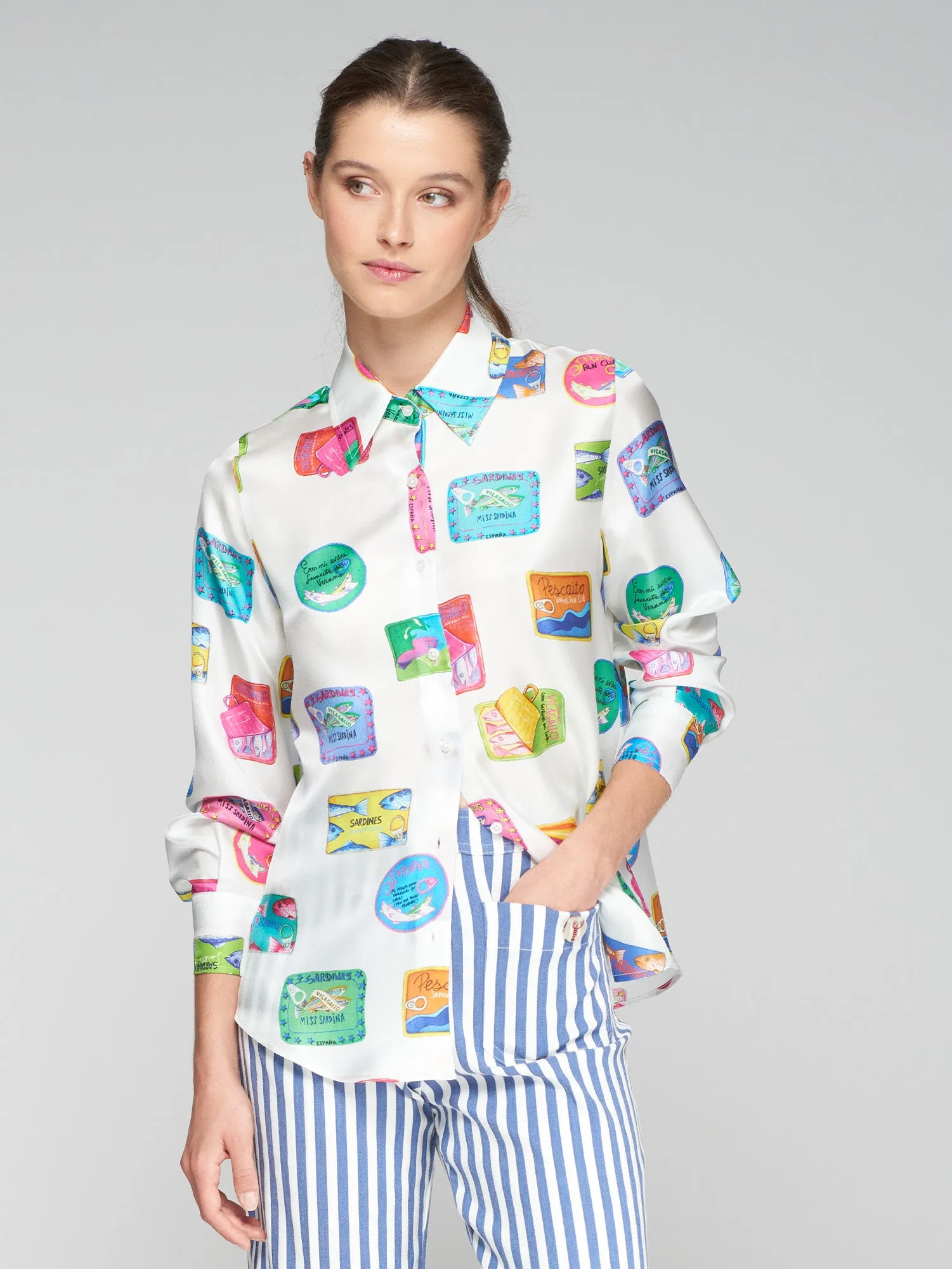 Vilagallo Silk Sardines Print Shirt