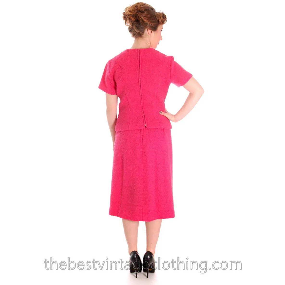 Vintage 1950s Womens Suit Pink 2 Pc Skirt Suit Hot Pink 100% Wool Boucle 38-26-38