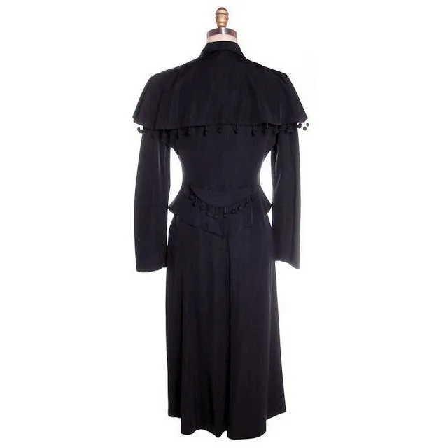 Vintage Black Rayon Suit w/ Cape Ball Fringe 1940s Sz 4