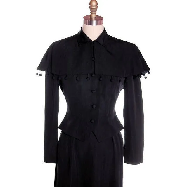 Vintage Black Rayon Suit w/ Cape Ball Fringe 1940s Sz 4