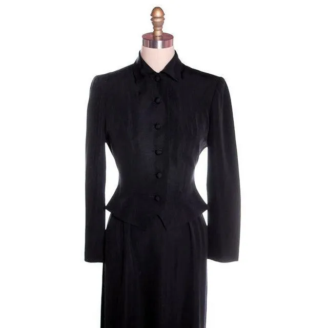 Vintage Black Rayon Suit w/ Cape Ball Fringe 1940s Sz 4