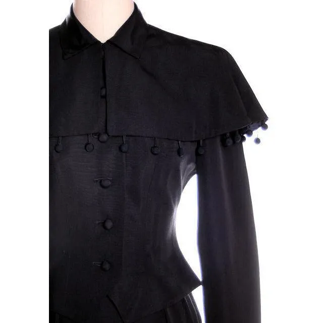 Vintage Black Rayon Suit w/ Cape Ball Fringe 1940s Sz 4