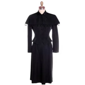 Vintage Black Rayon Suit w/ Cape Ball Fringe 1940s Sz 4