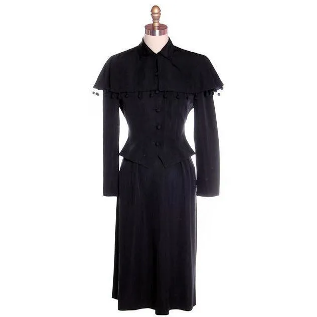 Vintage Black Rayon Suit w/ Cape Ball Fringe 1940s Sz 4