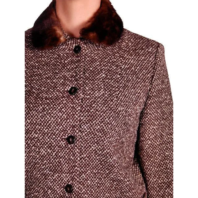 Vintage Brown Tweed Wool Ladies Suit Mink Collar 1950s 43-30-43