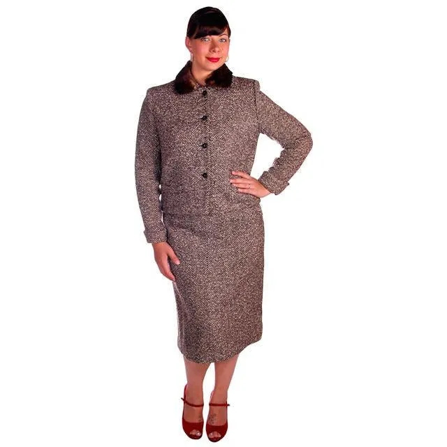 Vintage Brown Tweed Wool Ladies Suit Mink Collar 1950s 43-30-43