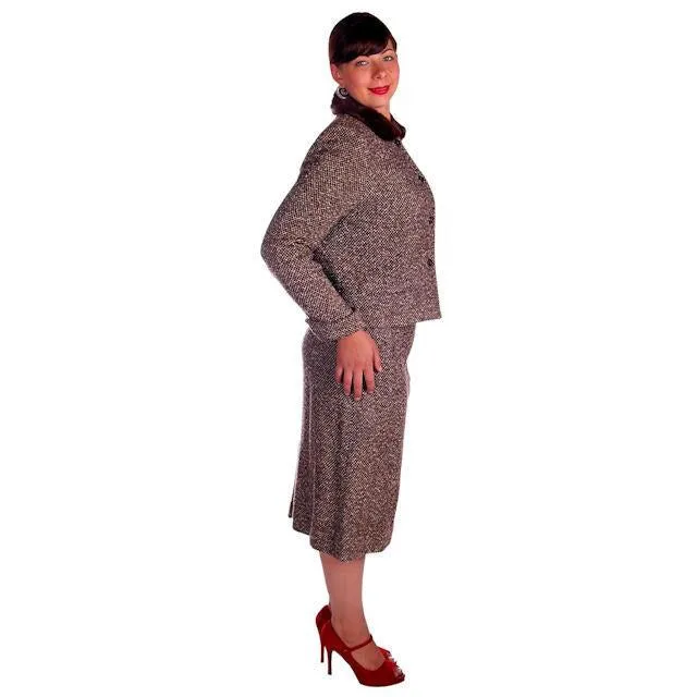 Vintage Brown Tweed Wool Ladies Suit Mink Collar 1950s 43-30-43