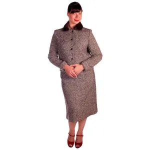 Vintage Brown Tweed Wool Ladies Suit Mink Collar 1950s 43-30-43