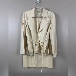 Vintage Guy LaRoche size 12 cream virgin wool skirt suit with fabric cord tie