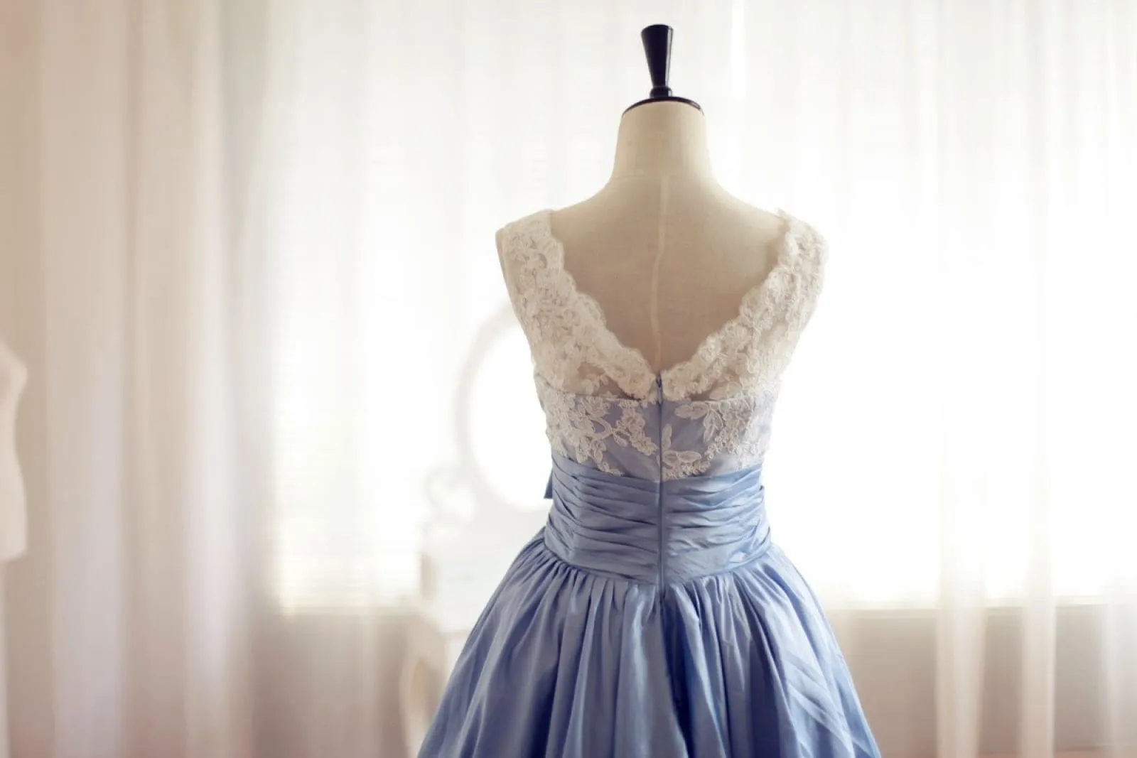 Vintage Ivory Lace Blue Taffeta Wedding Dress / Bridesmaid Dress in Knee Short Length