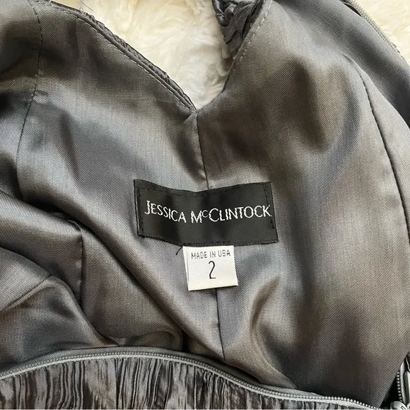 Vintage Jessica McClintock Grey Strapless Ruched Dress with Back Detail