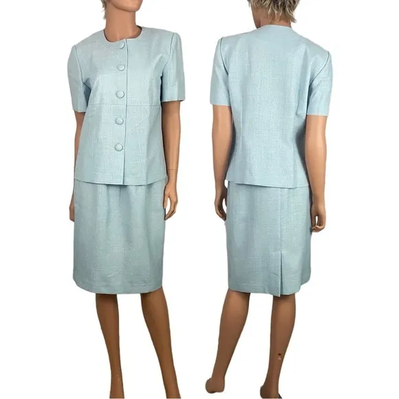 Vintage Leslie Fay Light Blue Skirt Suit Jacket Top Woman’s 10 P Petite Spring