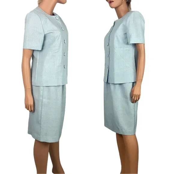 Vintage Leslie Fay Light Blue Skirt Suit Jacket Top Woman’s 10 P Petite Spring