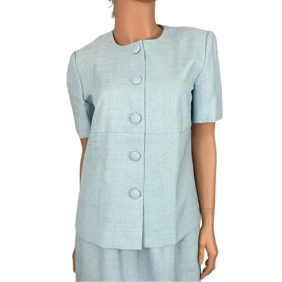 Vintage Leslie Fay Light Blue Skirt Suit Jacket Top Woman’s 10 P Petite Spring