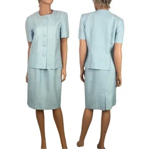 Vintage Leslie Fay Light Blue Skirt Suit Jacket Top Woman’s 10 P Petite Spring