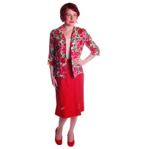 Vintage Red Linen Skirt & Print Blouse Salon Lentheric  1950s 25" Waist