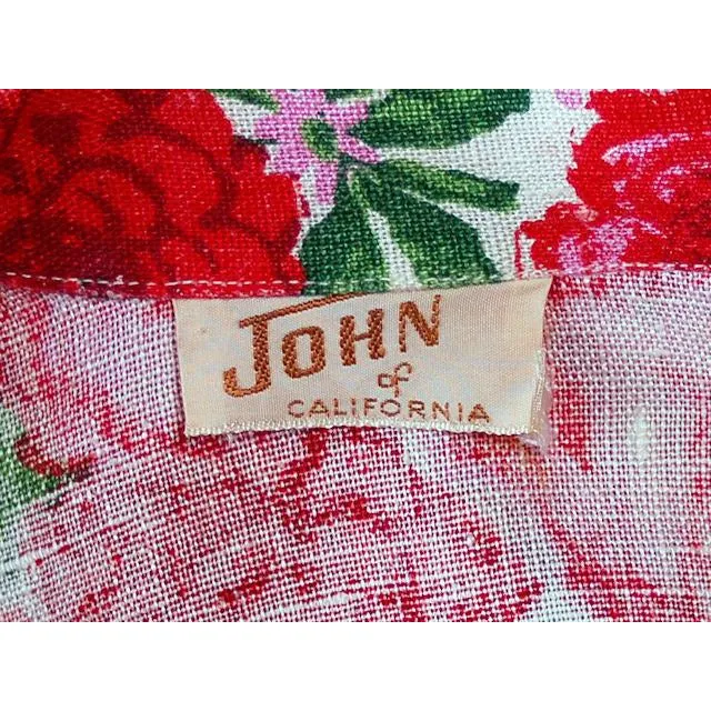 Vintage Red Linen Skirt & Print Blouse Salon Lentheric  1950s 25" Waist
