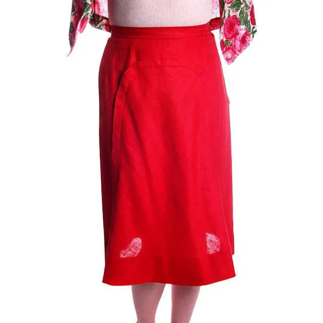 Vintage Red Linen Skirt & Print Blouse Salon Lentheric  1950s 25" Waist